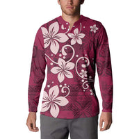 Plumeria Floral Tapa Pattern Ruby Pink Button Sweatshirt LT01 - Polynesian Pride