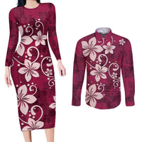 Plumeria Floral Tapa Pattern Ruby Pink Couples Matching Long Sleeve Bodycon Dress and Long Sleeve Button Shirt LT01 Pink - Polynesian Pride