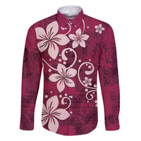 Plumeria Floral Tapa Pattern Ruby Pink Family Matching Long Sleeve Bodycon Dress and Hawaiian Shirt