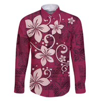 Plumeria Floral Tapa Pattern Ruby Pink Family Matching Off Shoulder Short Dress and Hawaiian Shirt LT01 Dad's Shirt - Long Sleeve Pink - Polynesian Pride