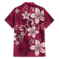 Plumeria Floral Tapa Pattern Ruby Pink Family Matching Short Sleeve Bodycon Dress and Hawaiian Shirt