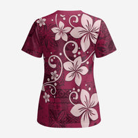 Plumeria Floral Tapa Pattern Ruby Pink Scrub Top - Polynesian Pride