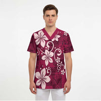 Plumeria Floral Tapa Pattern Ruby Pink Scrub Top - Polynesian Pride