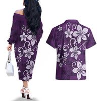 Plumeria Floral Tapa Pattern Amethyst Purple Couples Matching Off The Shoulder Long Sleeve Dress and Hawaiian Shirt