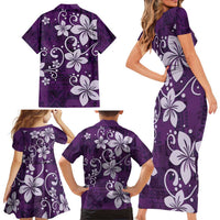 Plumeria Floral Tapa Pattern Amethyst Purple Family Matching Short Sleeve Bodycon Dress and Hawaiian Shirt