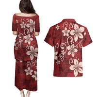 Plumeria Floral Tapa Pattern Oxblood Red Couples Matching Puletasi and Hawaiian Shirt