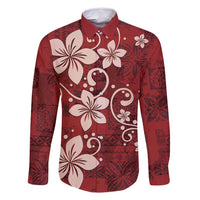 Plumeria Floral Tapa Pattern Oxblood Red Family Matching Long Sleeve Bodycon Dress and Hawaiian Shirt