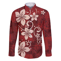 Plumeria Floral Tapa Pattern Oxblood Red Family Matching Off The Shoulder Long Sleeve Dress and Hawaiian Shirt