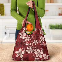 Plumeria Floral Tapa Pattern Oxblood Red Grocery Bag