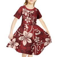 Plumeria Floral Tapa Pattern Oxblood Red Kid Short Sleeve Dress LT01 - Polynesian Pride