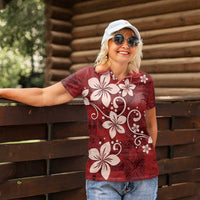 Plumeria Floral Tapa Pattern Oxblood Red Women Polo Shirt LT01 - Polynesian Pride