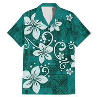 Plumeria Floral Tapa Pattern Crystal Teal Family Matching Mermaid Dress and Hawaiian Shirt