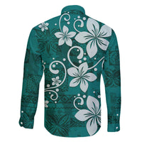Plumeria Floral Tapa Pattern Crystal Teal Family Matching Off The Shoulder Long Sleeve Dress and Hawaiian Shirt