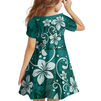 Plumeria Floral Tapa Pattern Crystal Teal Family Matching Short Sleeve Bodycon Dress and Hawaiian Shirt