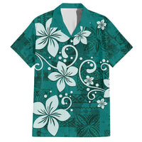 Plumeria Floral Tapa Pattern Crystal Teal Family Matching Short Sleeve Bodycon Dress and Hawaiian Shirt