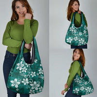 Plumeria Floral Tapa Pattern Crystal Teal Grocery Bag