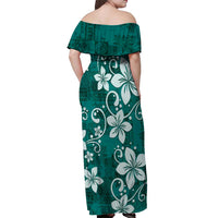 Plumeria Floral Tapa Pattern Crystal Teal Off Shoulder Maxi Dress LT01 - Polynesian Pride