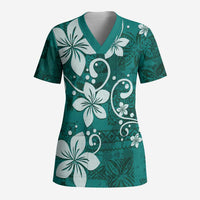 Plumeria Floral Tapa Pattern Crystal Teal Scrub Top - Polynesian Pride