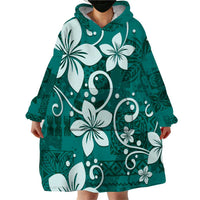 Plumeria Floral Tapa Pattern Crystal Teal Wearable Blanket Hoodie