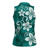 Plumeria Floral Tapa Pattern Crystal Teal Women Sleeveless Polo Shirt LT01 - Polynesian Pride