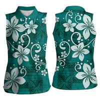 Plumeria Floral Tapa Pattern Crystal Teal Women Sleeveless Polo Shirt LT01 - Polynesian Pride