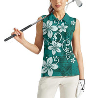 Plumeria Floral Tapa Pattern Crystal Teal Women Sleeveless Polo Shirt LT01 - Polynesian Pride