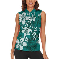 Plumeria Floral Tapa Pattern Crystal Teal Women Sleeveless Polo Shirt LT01 - Polynesian Pride