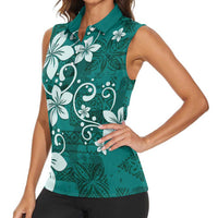 Plumeria Floral Tapa Pattern Crystal Teal Women Sleeveless Polo Shirt LT01 - Polynesian Pride