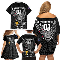 Custom New Zealand Silver Fern Rugby Family Matching Off Shoulder Short Dress and Hawaiian Shirt Aotearoa Champion 2023 World Cup LT01 - Polynesian Pride