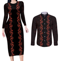 Hawaii Japan Koi Fish Red Couples Matching Long Sleeve Bodycon Dress and Long Sleeve Button Shirt Tapa Pattern LT01 Red - Polynesian Pride