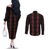 Hawaii Japan Koi Fish Red Couples Matching Off The Shoulder Long Sleeve Dress and Long Sleeve Button Shirt Tapa Pattern LT01 - Polynesian Pride