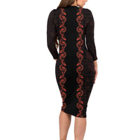Hawaii Japan Koi Fish Red Long Sleeve Bodycon Dress Tapa Pattern LT01 - Polynesian Pride