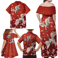 Hawaii Japan Cranes Sakura Flower Red Family Matching Off Shoulder Maxi Dress and Hawaiian Shirt Japan Heritage Spirit - Polynesian Pride