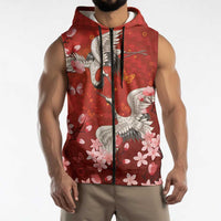 Hawaii Japan Cranes Sakura Flower Red Sleeveless Zip Hoodie Japan Heritage Spirit - Polynesian Pride