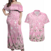 Cranes Sakura Floral Pink Pastel Couples Matching Off Shoulder Maxi Dress and Hawaiian Shirt Hawaii Japan Culture - Polynesian Pride