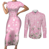 Cranes Sakura Floral Pink Pastel Couples Matching Short Sleeve Bodycon Dress and Long Sleeve Button Shirt Hawaii Japan Culture - Polynesian Pride