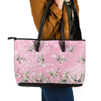 Cranes Sakura Floral Pink Pastel Leather Tote Bag Hawaii Japan Culture LT01 - Polynesian Pride