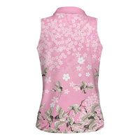 Cranes Sakura Floral Pink Pastel Women Sleeveless Polo Shirt Hawaii Japan Culture LT01 - Polynesian Pride