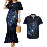 Personalised Matariki Paua Shell New Zealand Couples Matching Mermaid Dress and Hawaiian Shirt Haka Dance At The Starry Night LT01 Black - Polynesian Pride