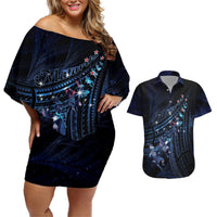 Personalised Matariki Paua Shell New Zealand Couples Matching Off Shoulder Short Dress and Hawaiian Shirt Haka Dance At The Starry Night LT01 Black - Polynesian Pride