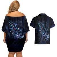 Personalised Matariki Paua Shell New Zealand Couples Matching Off Shoulder Short Dress and Hawaiian Shirt Haka Dance At The Starry Night