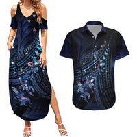 Personalised Matariki Paua Shell New Zealand Couples Matching Summer Maxi Dress and Hawaiian Shirt Haka Dance At The Starry Night LT01 Black - Polynesian Pride