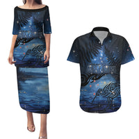 Personalised Matariki Kiwi Couples Matching Puletasi and Hawaiian Shirt Silver Fern LT01 Black - Polynesian Pride