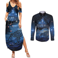 Personalised Matariki Kiwi Couples Matching Summer Maxi Dress and Long Sleeve Button Shirt Silver Fern LT01 Black - Polynesian Pride