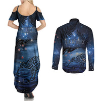 Personalised Matariki Kiwi Couples Matching Summer Maxi Dress and Long Sleeve Button Shirt Silver Fern LT01 - Polynesian Pride