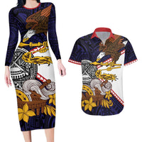 American Samoa Eagle Kava Bowl Couples Matching Long Sleeve Bodycon Dress and Hawaiian Shirt Plumeria Polynesian Pattern LT01 Black - Polynesian Pride