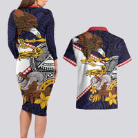 American Samoa Eagle Kava Bowl Couples Matching Long Sleeve Bodycon Dress and Hawaiian Shirt Plumeria Polynesian Pattern LT01 - Polynesian Pride
