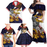 American Samoa Eagle Kava Bowl Family Matching Off Shoulder Maxi Dress and Hawaiian Shirt Plumeria Polynesian Pattern