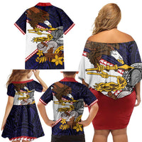 American Samoa Eagle Kava Bowl Family Matching Off Shoulder Short Dress and Hawaiian Shirt Plumeria Polynesian Pattern