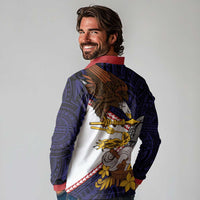 American Samoa Eagle Kava Bowl Long Sleeve Polo Shirt Plumeria Polynesian Pattern